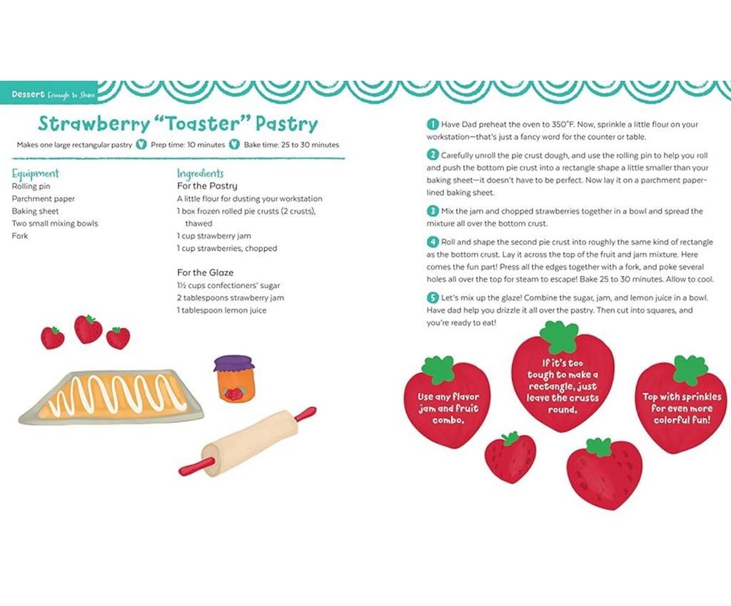 Recipe card for Strawberry 'Toaster' Pastry with illustrations of ingredients and tools from the "Dad and Me Fun in the Kitchen" cookbook. 