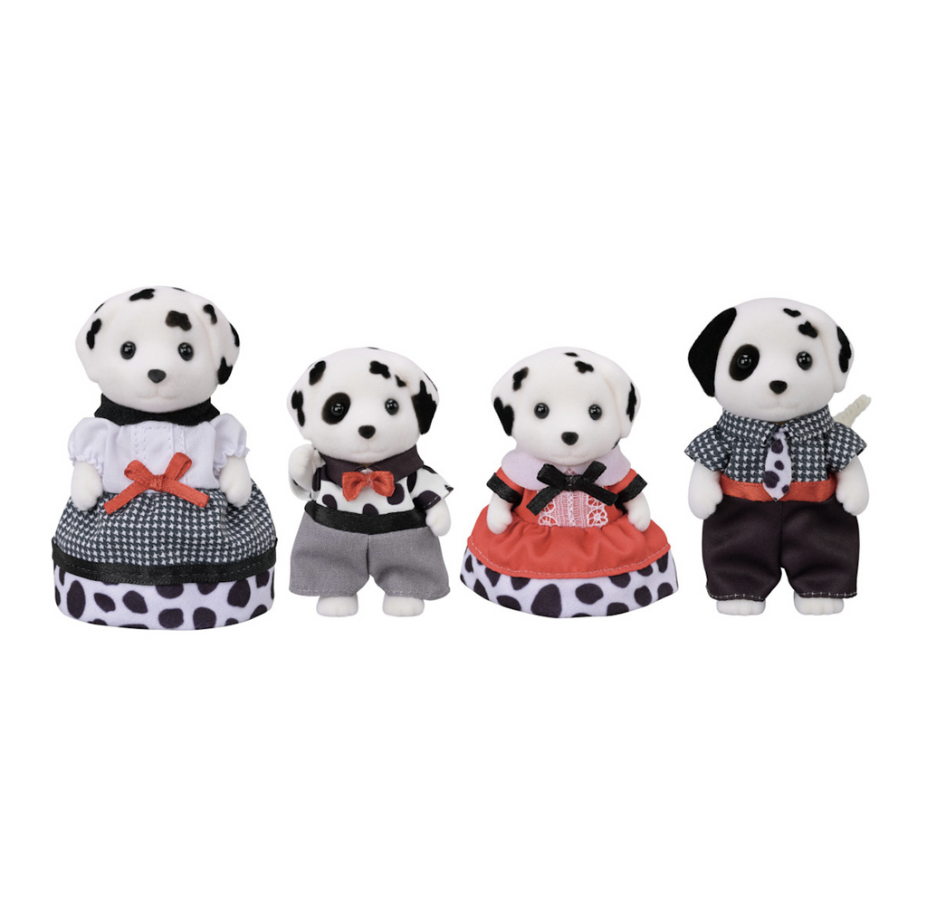 Set of four Dalmation Family Calico Critters dolls with white fur and black spots and removeable fabric clothing. 