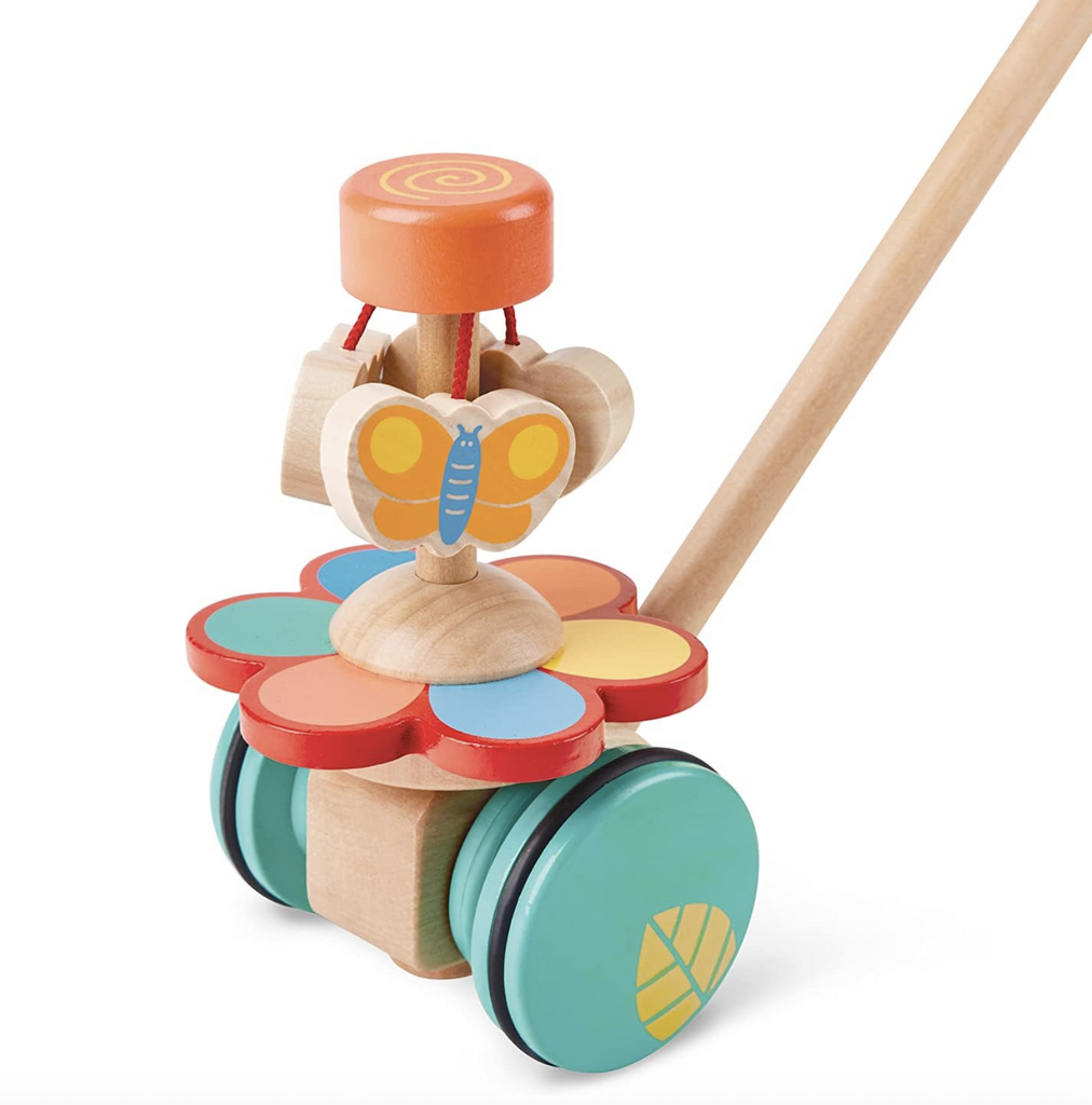 Close up of the Dancing Butterflies Push  Toy with colorful flower petals and three little wooden butterflies that spin as the the toy is pushed along. 