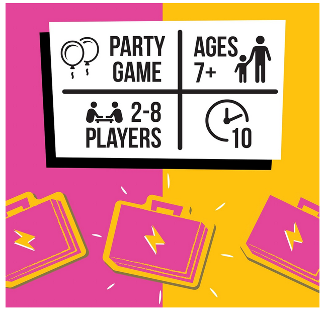 Back side of the game box  with a close up view of information about the game. It is a party game for ages 7+. 2-8 players adn each round is about 10 minutes.