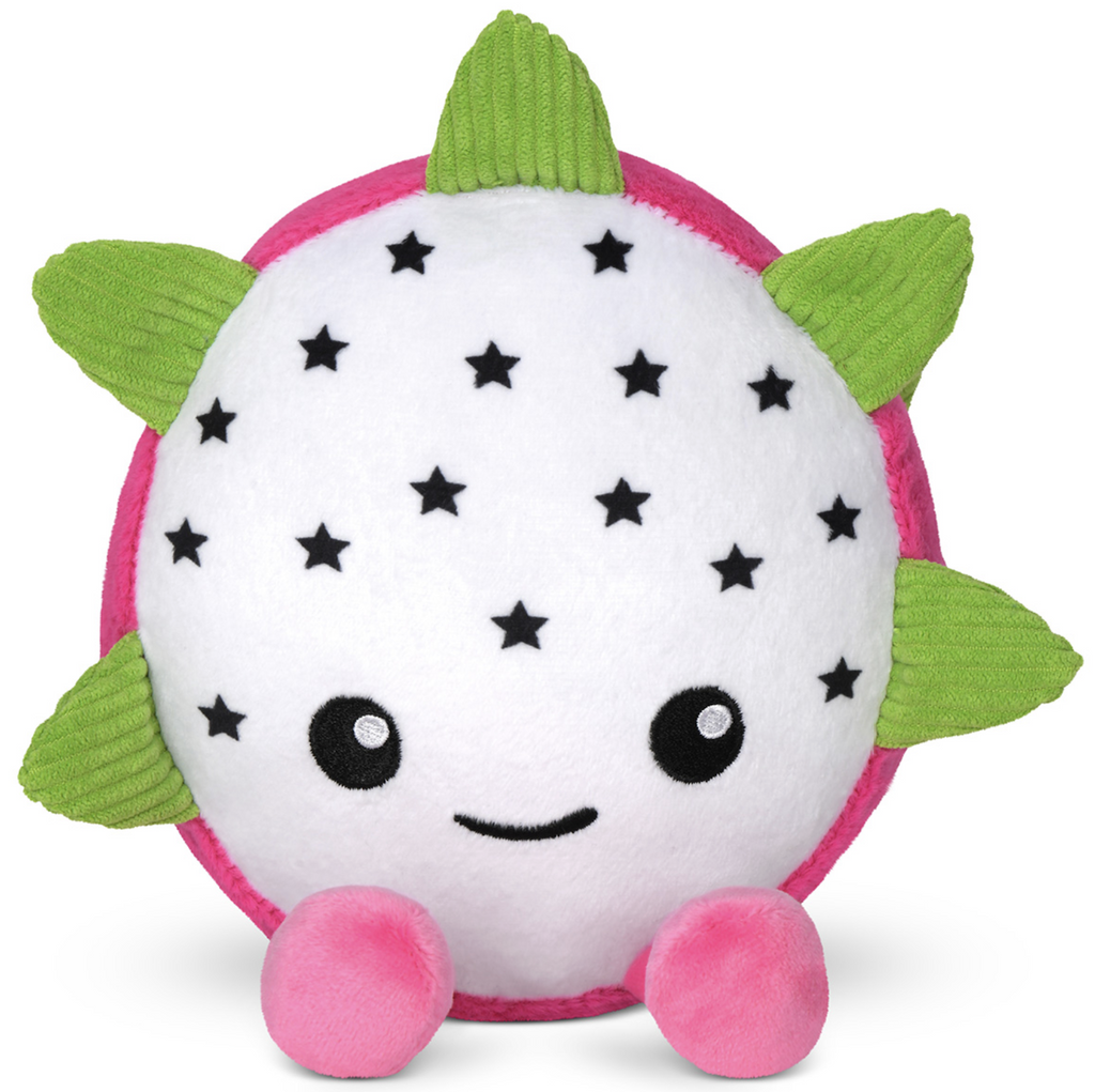Super cute Dani Dragonfruit stuffed animal sitting upright with green leaves along the edges and soft pink boots. 