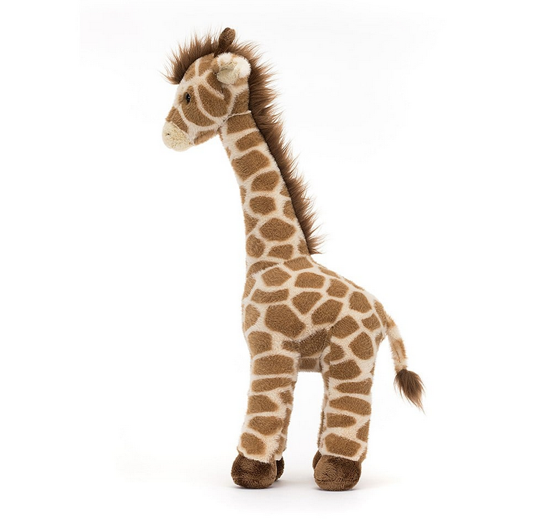 Side view of Dara Giraffe plush. Iit's brown mane running from the top of it's head all the way down it's long neck. 