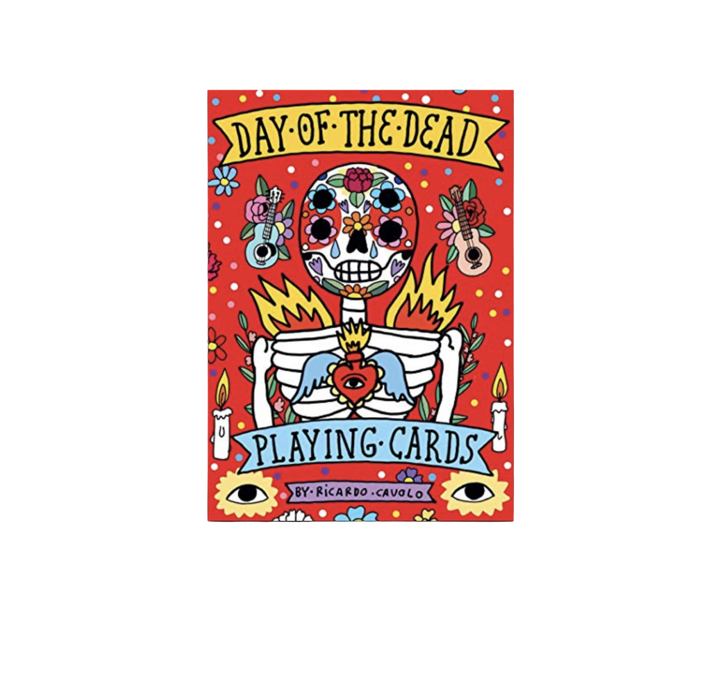 Deck of Day of the Dead playing cards with a painted skeleton cover on a white background.