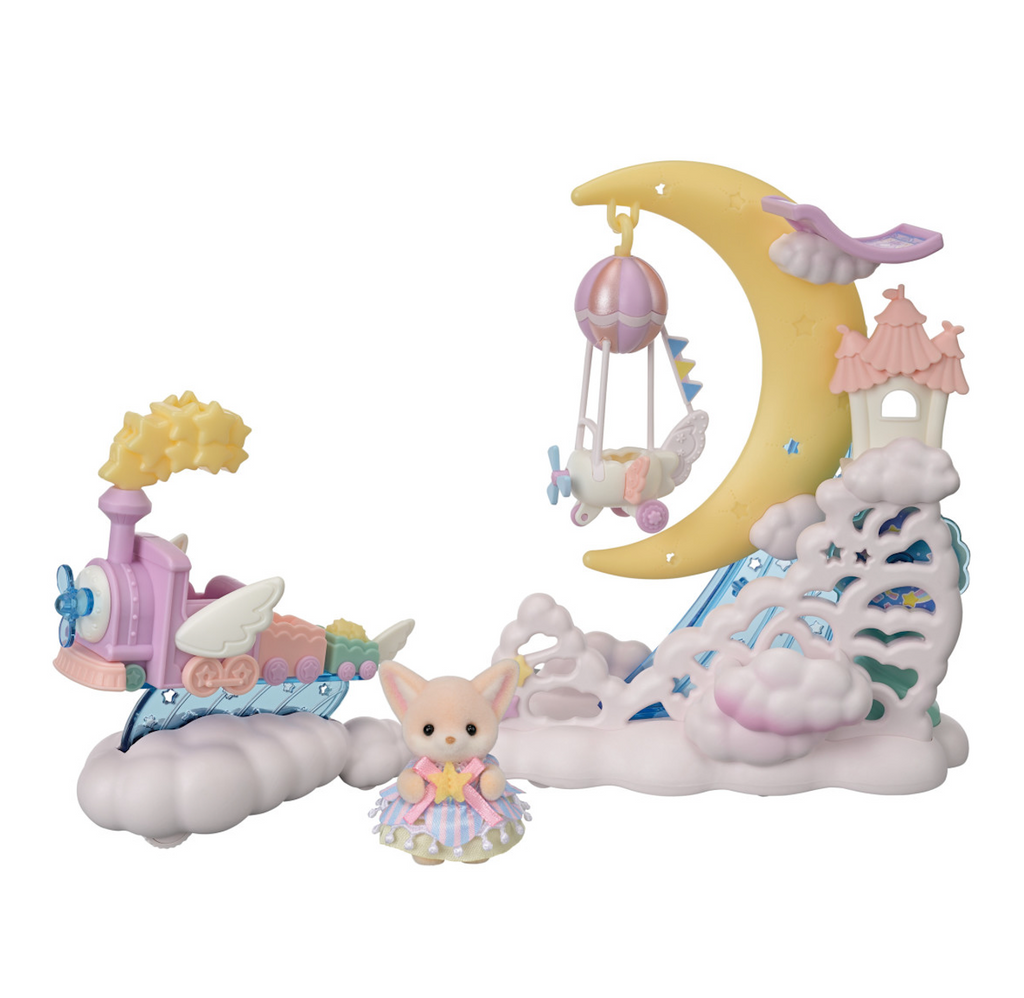 Calico Critters Daydream Parade playset with the steam train connected to the moon float with the Fennec Fox figure in front. 