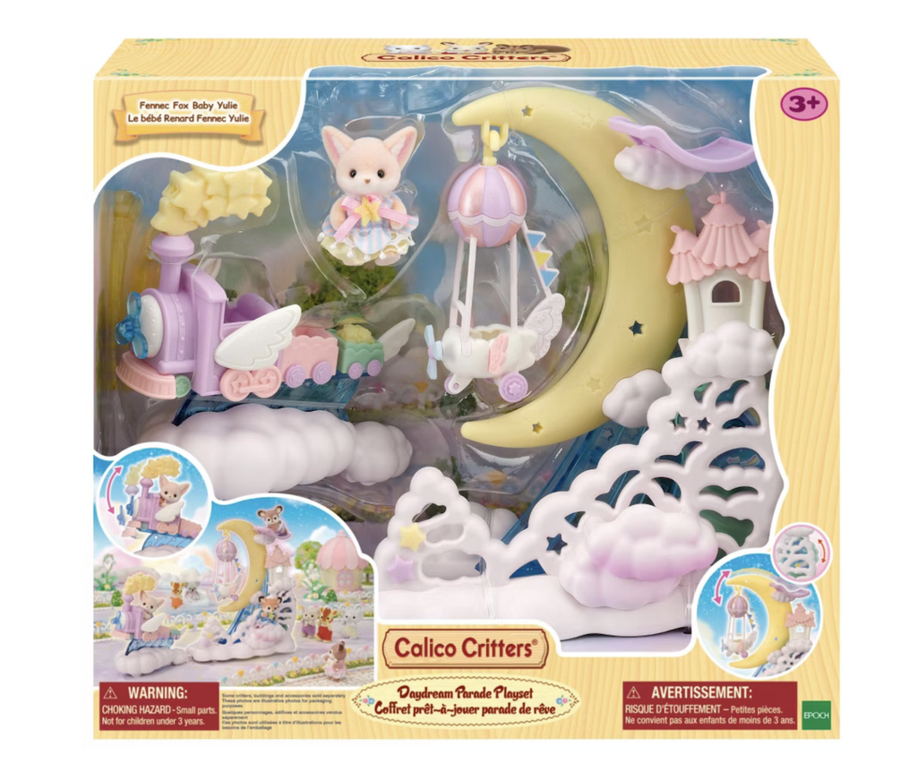 The Calico Critters Daydream Parade Playset in a box with a clear plastic window at the front that clearly shows each piece of the set, the steam train, moon float, and Fennec Fox figure. 