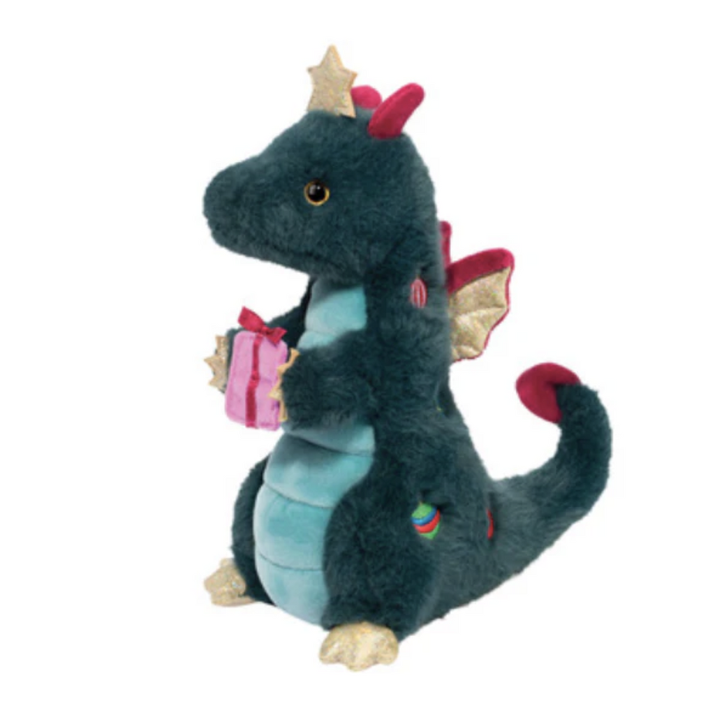 Deck the emerald green plush Dragon holding a present, wearing a star crown and decorated with ornaments. 