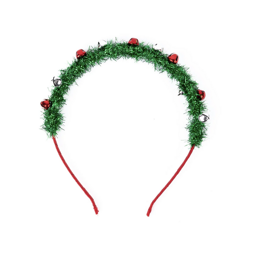 A red headband wrapped in green tinsel with alternating red and silver jingle bells. 