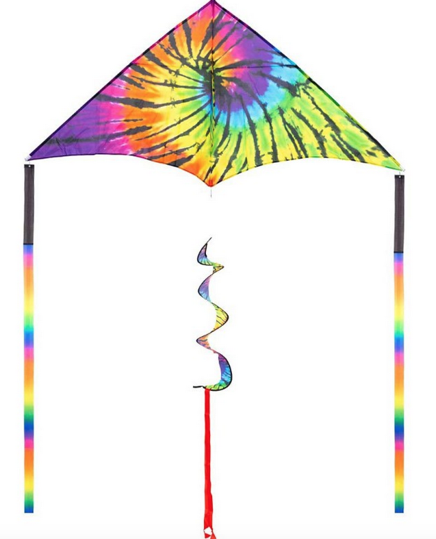 Delta Rainbow Kite open and ready bto fly. Triangle shape in rainbow tie dye with the corkscreww tail hanging from the center and  rainbow tails hanging from each end. 