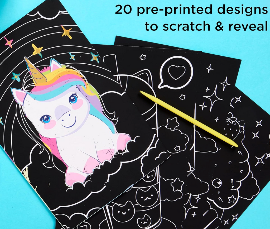 Black scratch-off sheets with colorful unicorn design and wording that says '20 pre-printed designs to scratch & reveal' on a blue background.