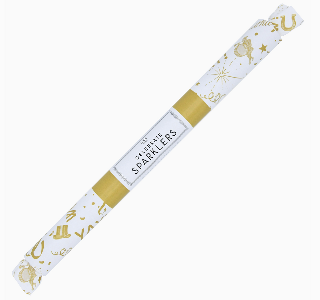 White tube with gold party accents that reads "Celebrate Sparklers" 