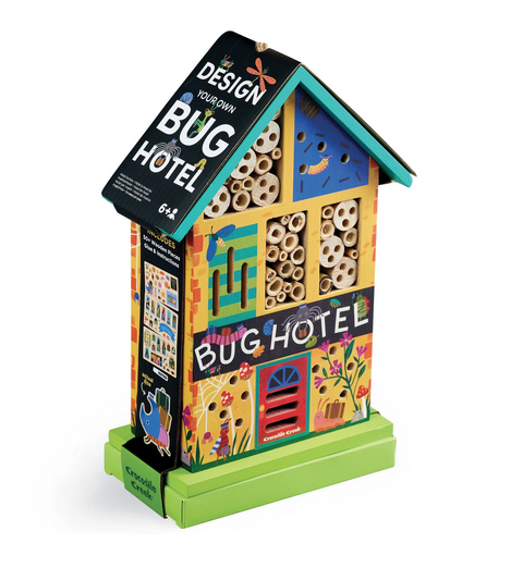Design your own Bug Hotel with green base and blue roof. With lots of holes and nooks for your friendly backyard critters. 