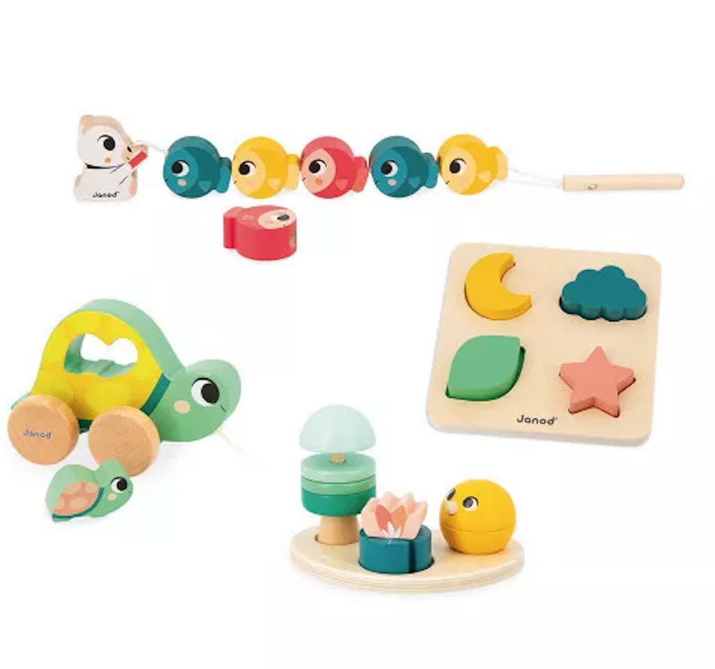 Each of the toys included in the Janod Toy Box the wooden pull toy, puzzle, fish bead toy and sorting toy. 