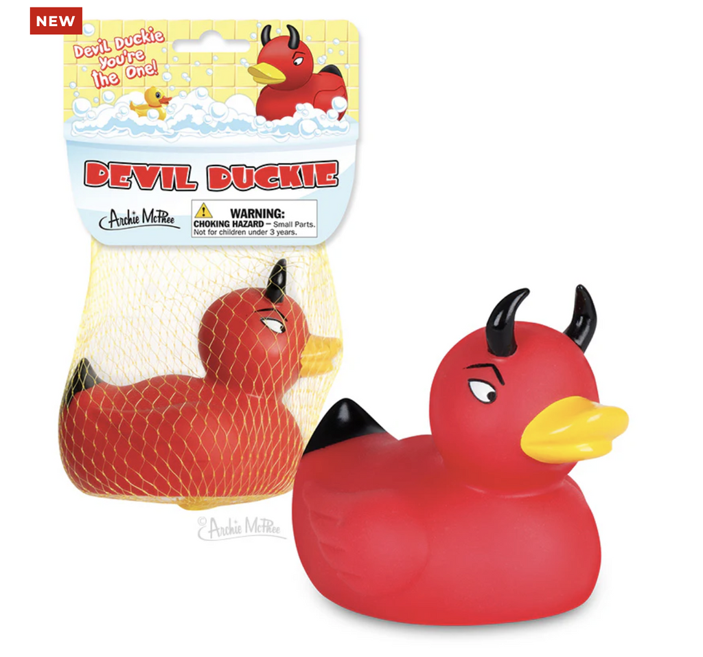 Red rubber duck with devil horns on a white background.