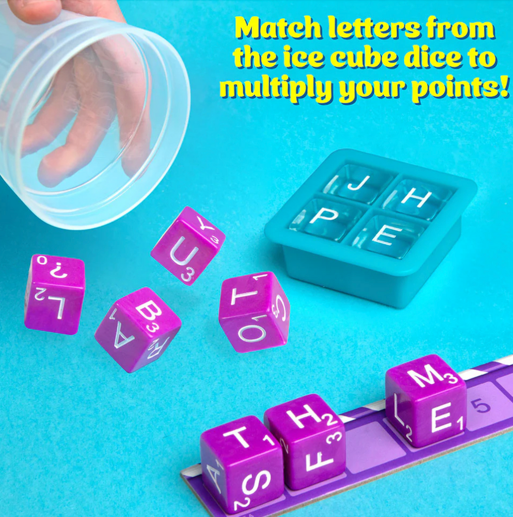 Purple letter dice being thrown from a cup for a turn and 4 clear letter dice et in an ice try mold that score higher points when matched. 