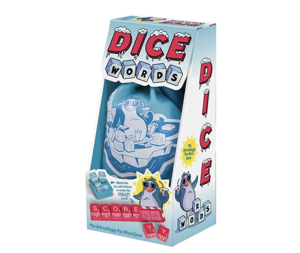 An open faced box holding the bag that Dice Words game pieces come in. There are pictures of the red letter tiles, clear ice cube letters and an illustrated chill penguin character. 