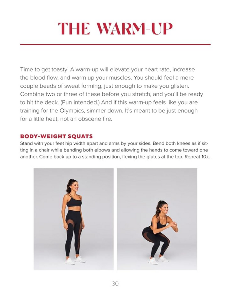 A flash card from a "Did You Stretch Tho" showing a warm-up exercise with text and images of Hannah Corbin performing squats.