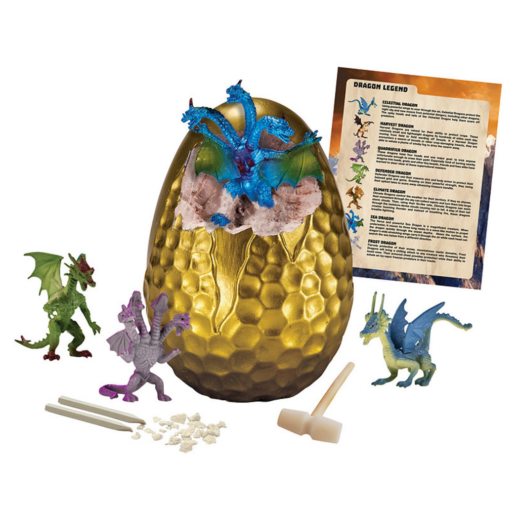 The Big Egg Dragons with the giant golden egg, dragon figures, and dragon legend card.