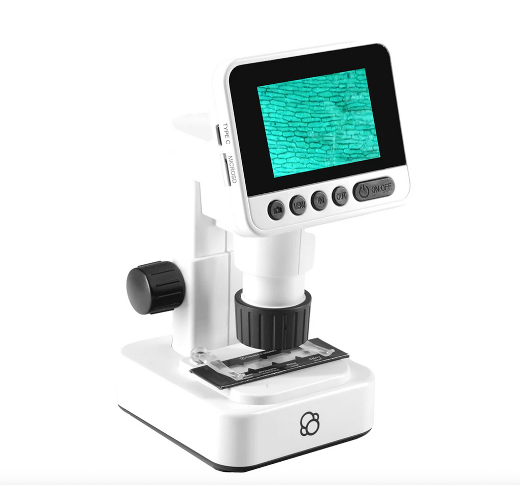 Digital microscope with a screen displaying a microscopic blue green image. 
