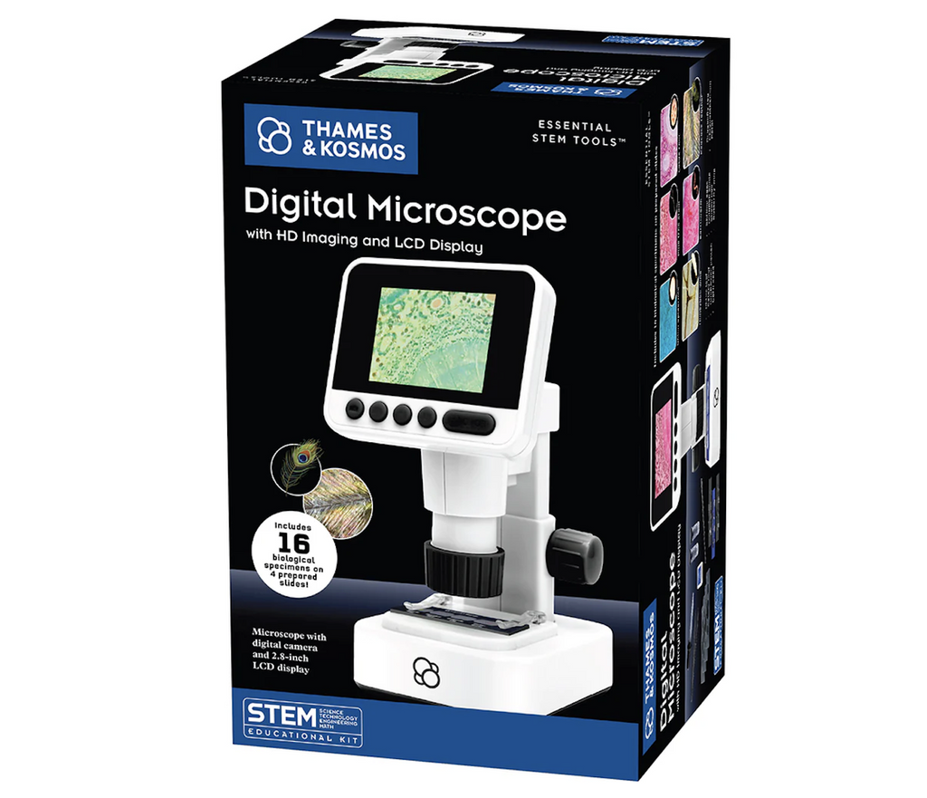 Thames and Kosmos Digital Microscope packaged in a black box with a color picture of the microscope with the LED screen displaying a green specimen. 