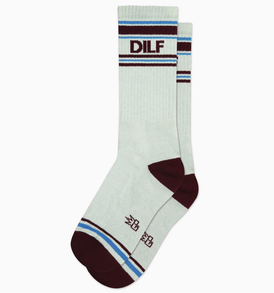 White tube socks with brown and blue stripes that read "DILF" in brown letters. 