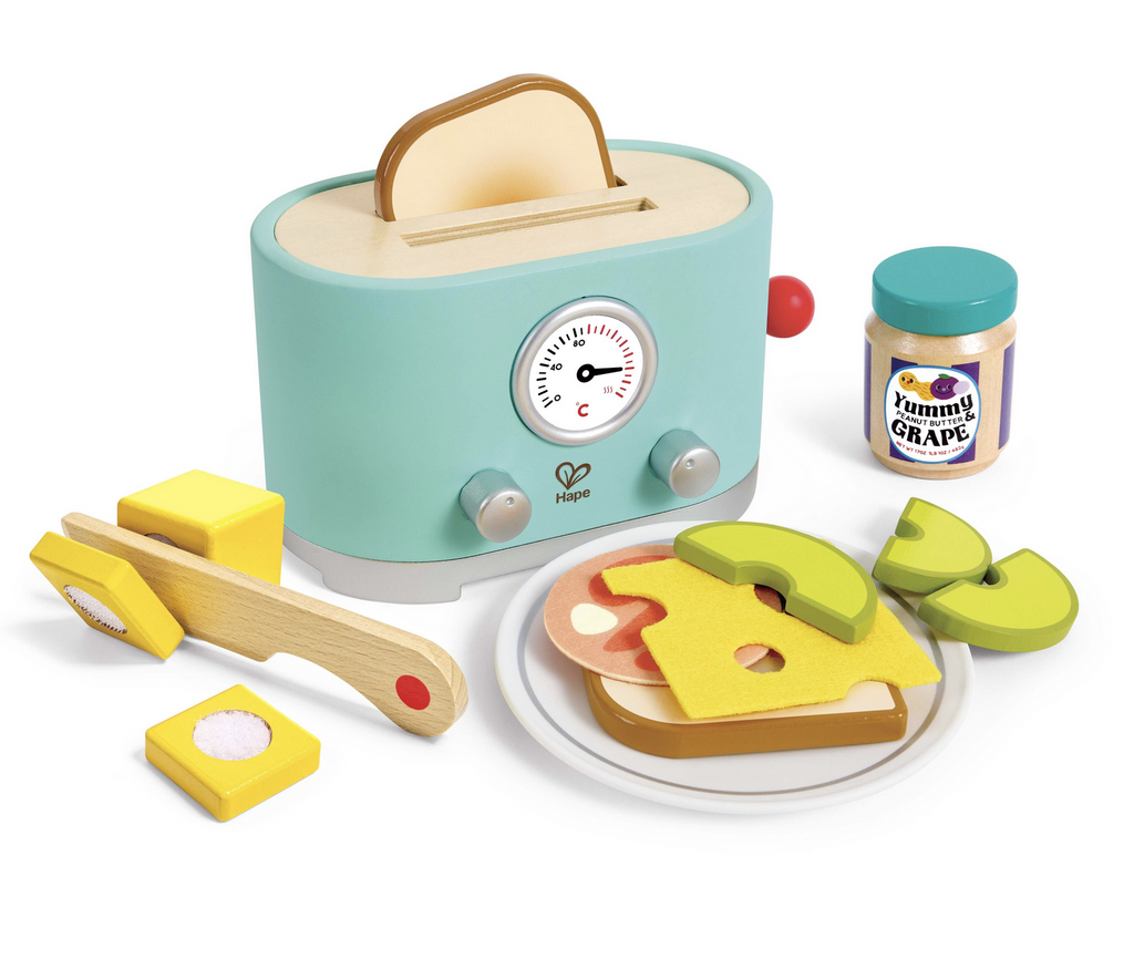 Pop Up Toaster with play food slice of bread, butter, cheese and avocado set out for play. 