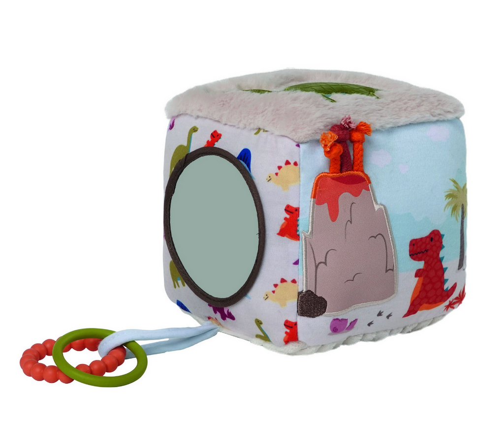 DIno Activity Cube with a mirror on one side for baby to look at themselves, and different textures and activities to do on each side. 