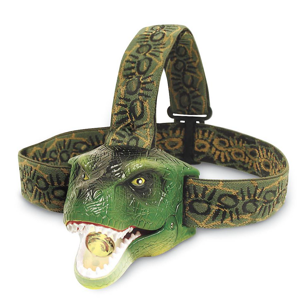 DinoBryte LED Headlamp a dinosaur shaped flashlight with green and yellow headband that attaches over the head for hands free wearing. 