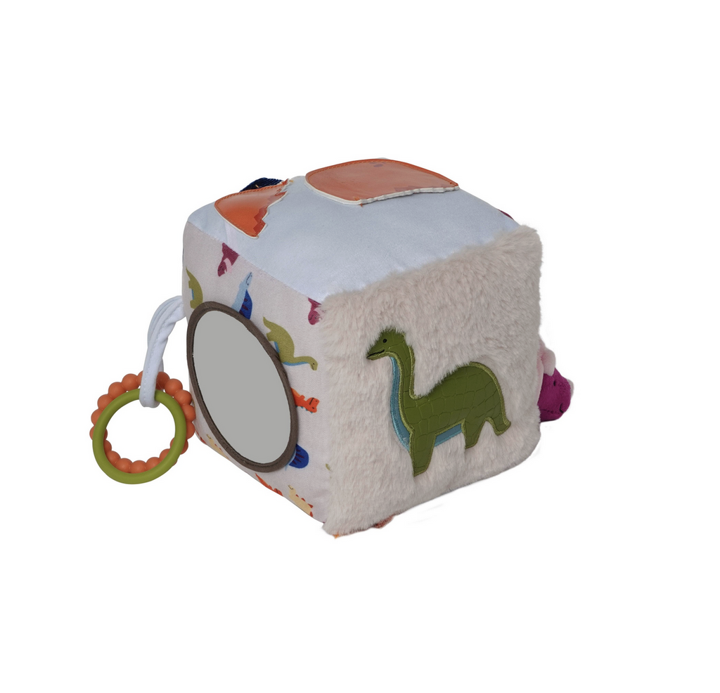 Dino Activity Cube with different dinosaurs and textures on each side of the cube with teether rings. 