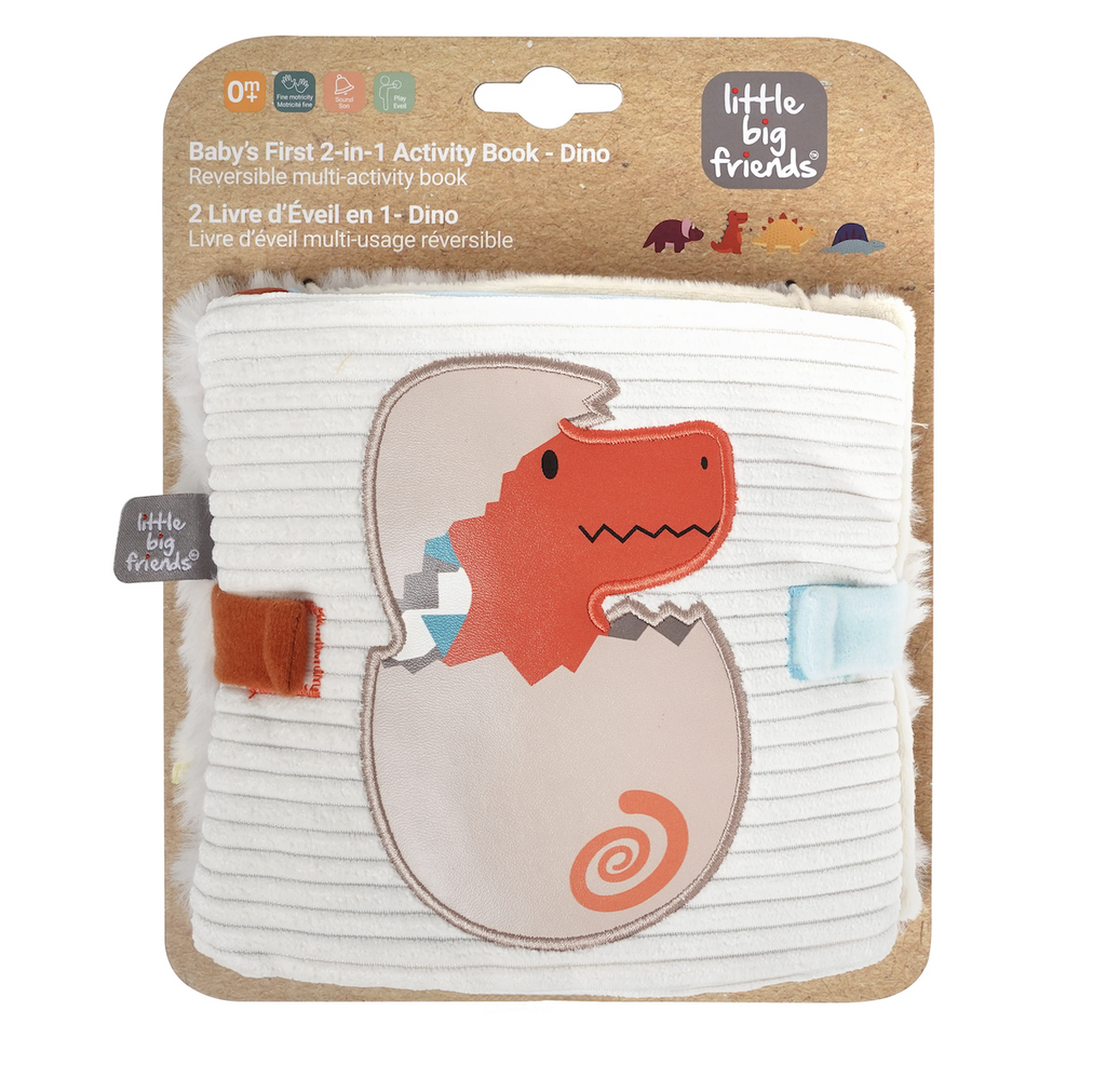 The Dino Friends 2 in 1 soft activity book with a dino hatching from an egg on a couduroy cover. 