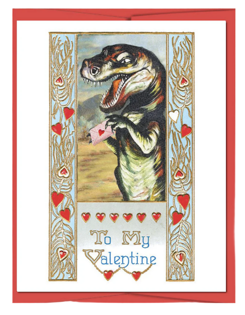 Valentine's Day card with a dinosaur holding a love letter with vintage style graphics surrounding it. 
