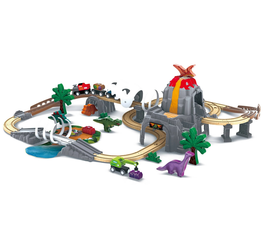 The wooden Dinosaur Railway Adventure Set assembled and ready for play.