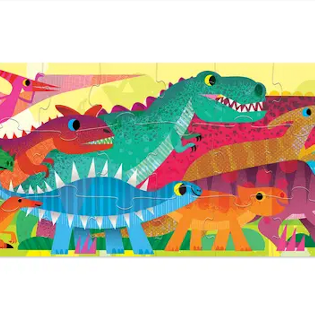 Close up picture of a section of the Super Duper Long Dinosaur Puzzle featuring a T-Rex, Brontasaurus, Stegosaurus and other favorite dinos. 