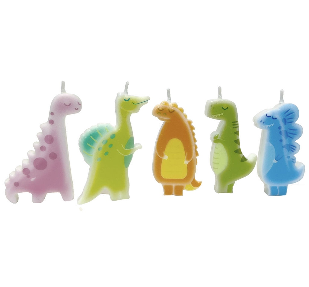 Set of 5 colorful cake candles shaped like different dinosaurs. 