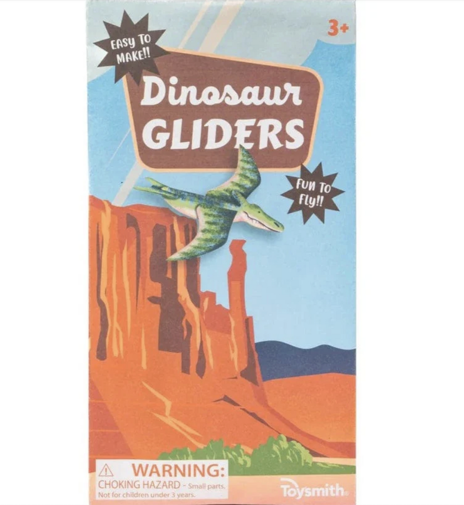 Illustrated package for the Dinosaur Gliders with a dinosaur flying over buttes. 