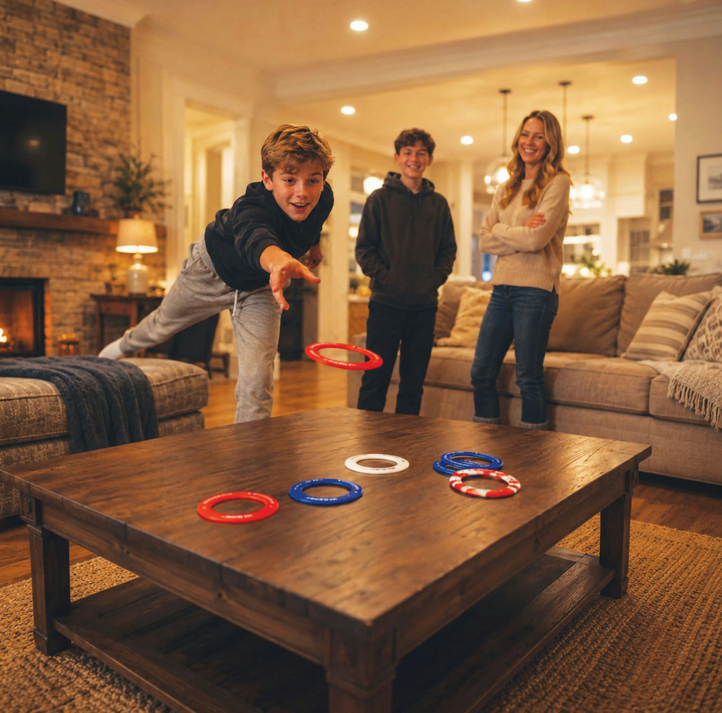 A family gathered around a living room coffee table throwing the Disc Go rings 