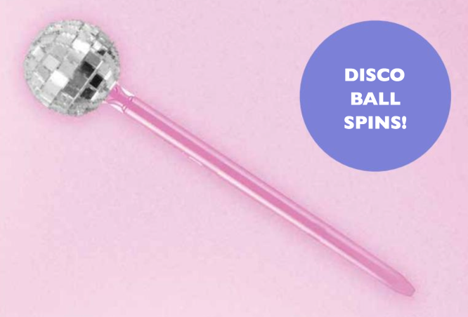 Disco Ball Pen with pink handle and mirror ball topper that spins. 