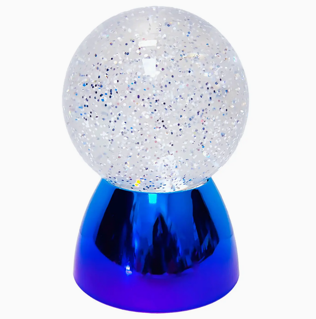 Close up view of the Disco Color Changing LED Glitter Ball with metallic blue base and clear ball with multicolored glitter that swirls and changes color when lit. 