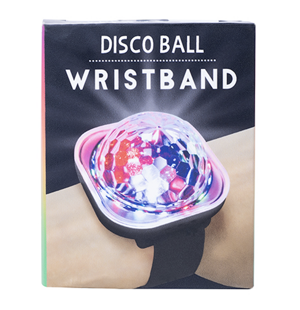 The Disco Ball Wristband package with an image of the Disco Ball Wristband lit up on a wrist.