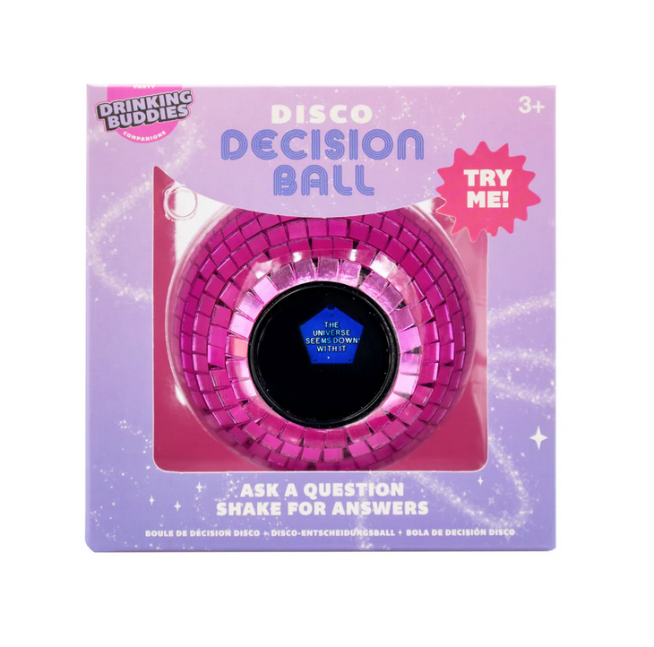 Disco Decision Ball with pink mirrored tiles packaged in a light purple box with a clear plastic window to show the decision ball. 