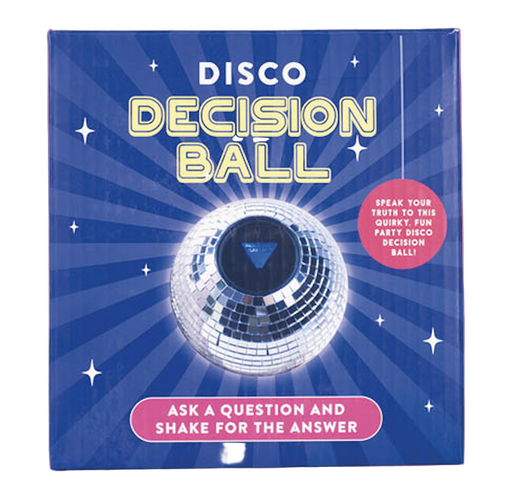 The Disco Decision Ball packaged in a blue box light rays reflecting off the disco ball decision ball. In white lettering on a pink background is the text " Ask a question and shake for the answer"  as well as "Speak your truth to this quirky, fun, party disco decision ball" 