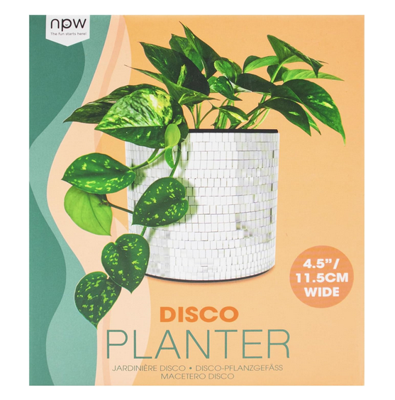 Orange and green box with image of the Disco Planter with a plant in it.