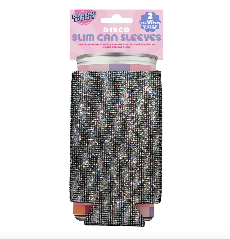 2 pack of Disco Slim Koozies on a hangcard that looks like a can.