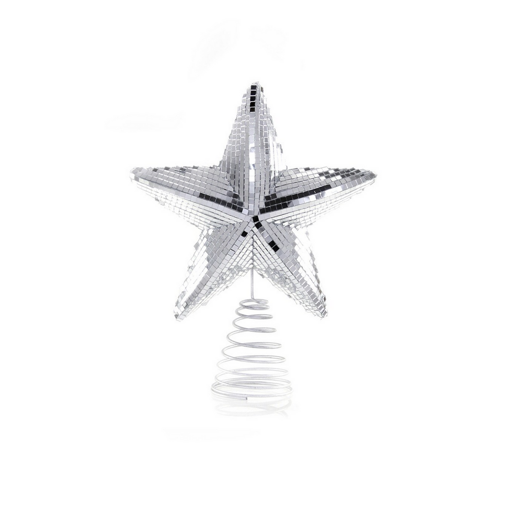 Silver disco ball star shaped tree topper.