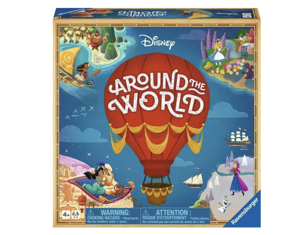 Disney Around the Word game box features a red hot air balloon floating between four different complete with Disney characters: Moana on a boat near an island, Alice in Wonderland, Princess Jasmine and Aladdin on a magic carpet, and Elsa and Olaf in a frozen land.