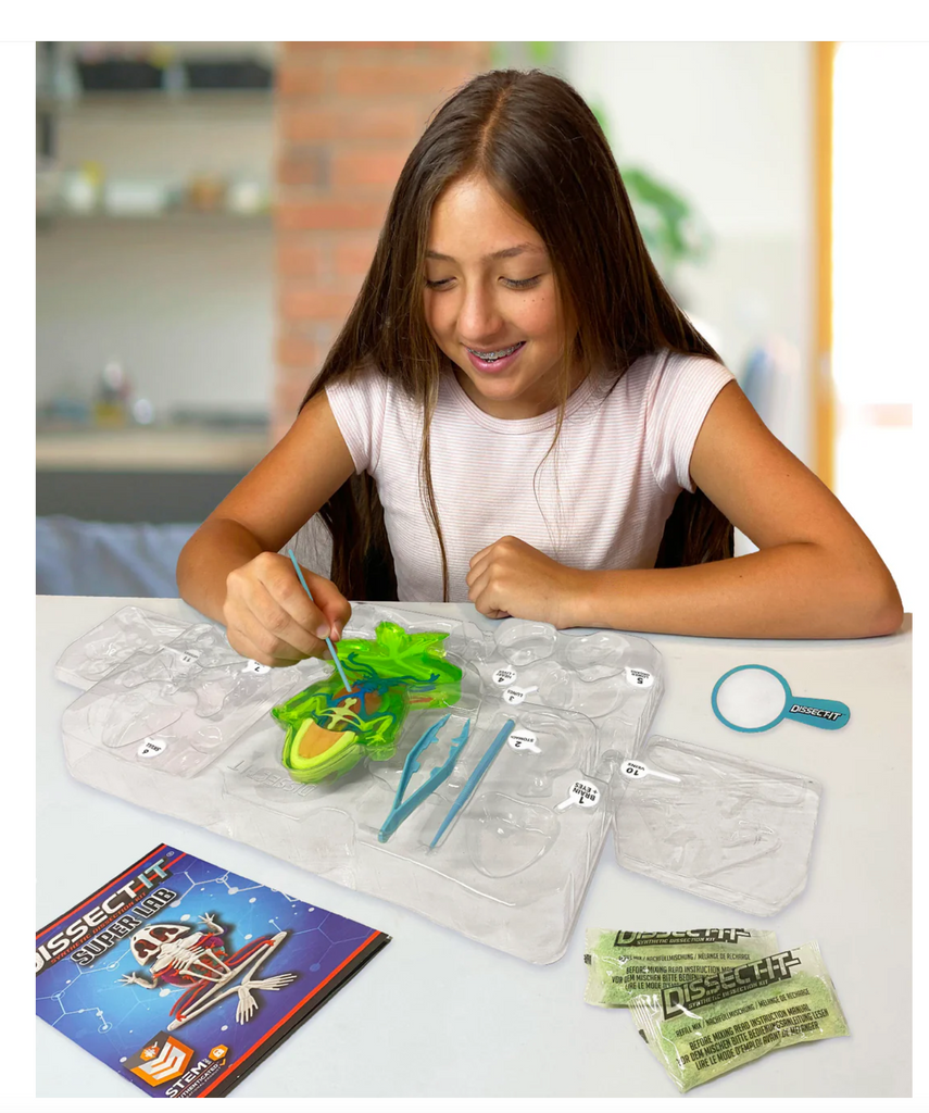 Young girl sitting at a desk with the Dissect It Grog Super Lab kit.
