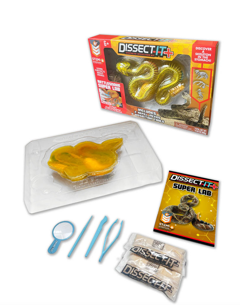 Box of Dissect It Rattlesnake Super Lab kit on a white table behind the gel rattlesnake in  its plastic holder, instruction booklet, dissection tools, and 2 packages of gel powder.