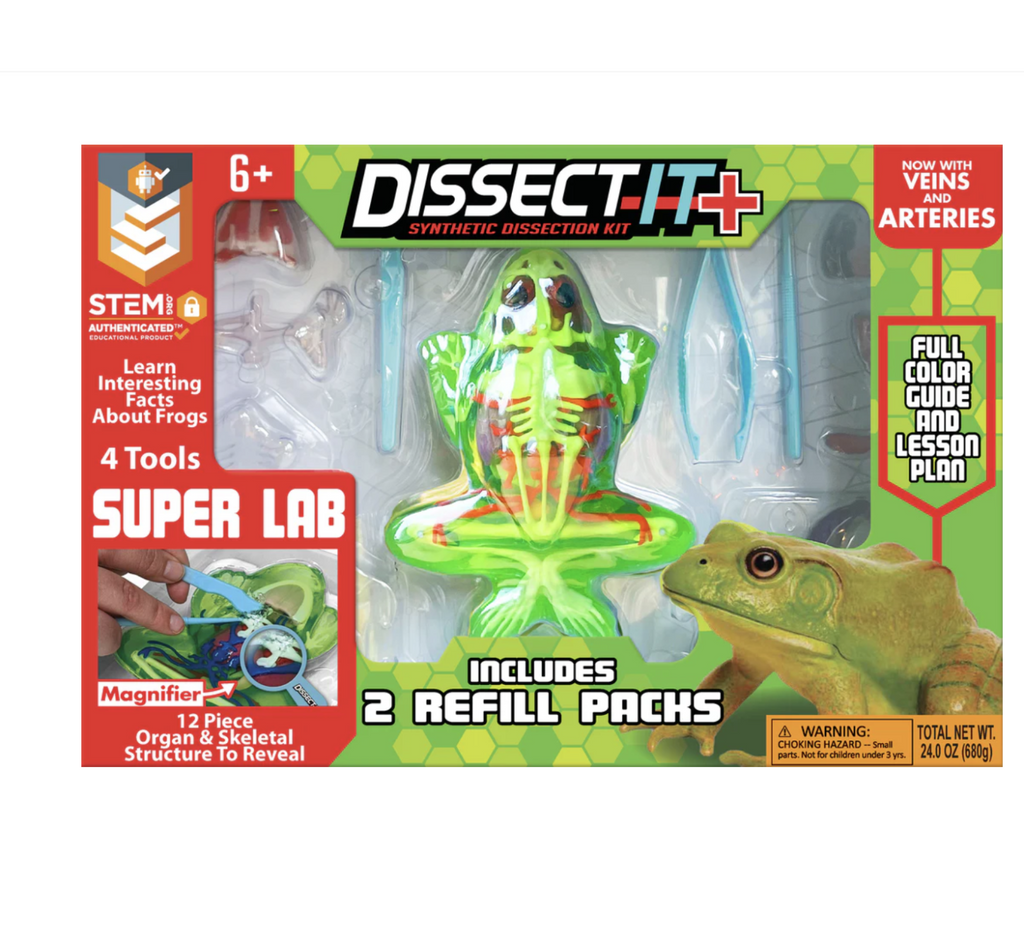 Dissect It Frog Super Lab kit features a gel frog to humanely "dissect" in a clear window box.