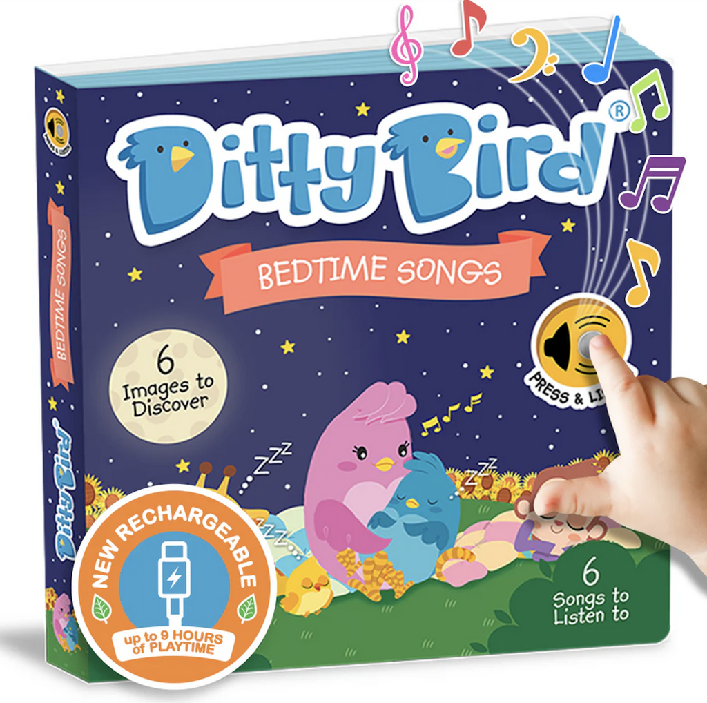 Ditty Bird Bedtime Songs book cover with an illustrated mama bird cradling a baby bird surrounded by other snoozing animals. T the right of the book cover is the interactive button that plays songs throughout the book. 