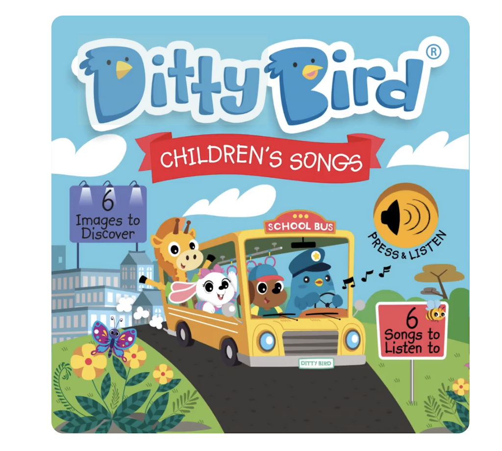 Cover of Ditty Bird Children's Songs musical book, featuring a yellow school bus filled with animals with text that reads " 6 Images to Discover" and "6 Songs to Listen to". 