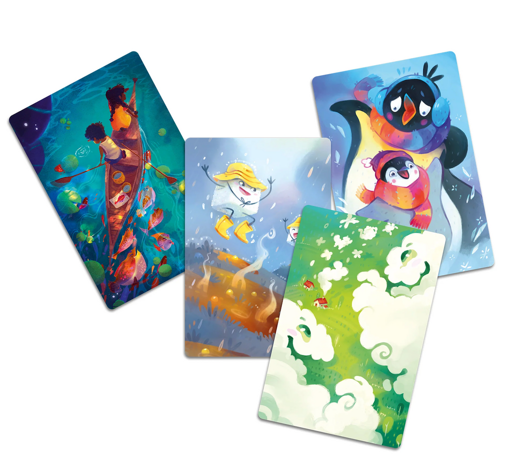 Illustrated cards from Dixit Kids, each showing a different whimsical scene: a person in a canoe underwater, a yellow-haired figure floating in a storm, two penguins in winter clothing, and green clouds over a landscape.
